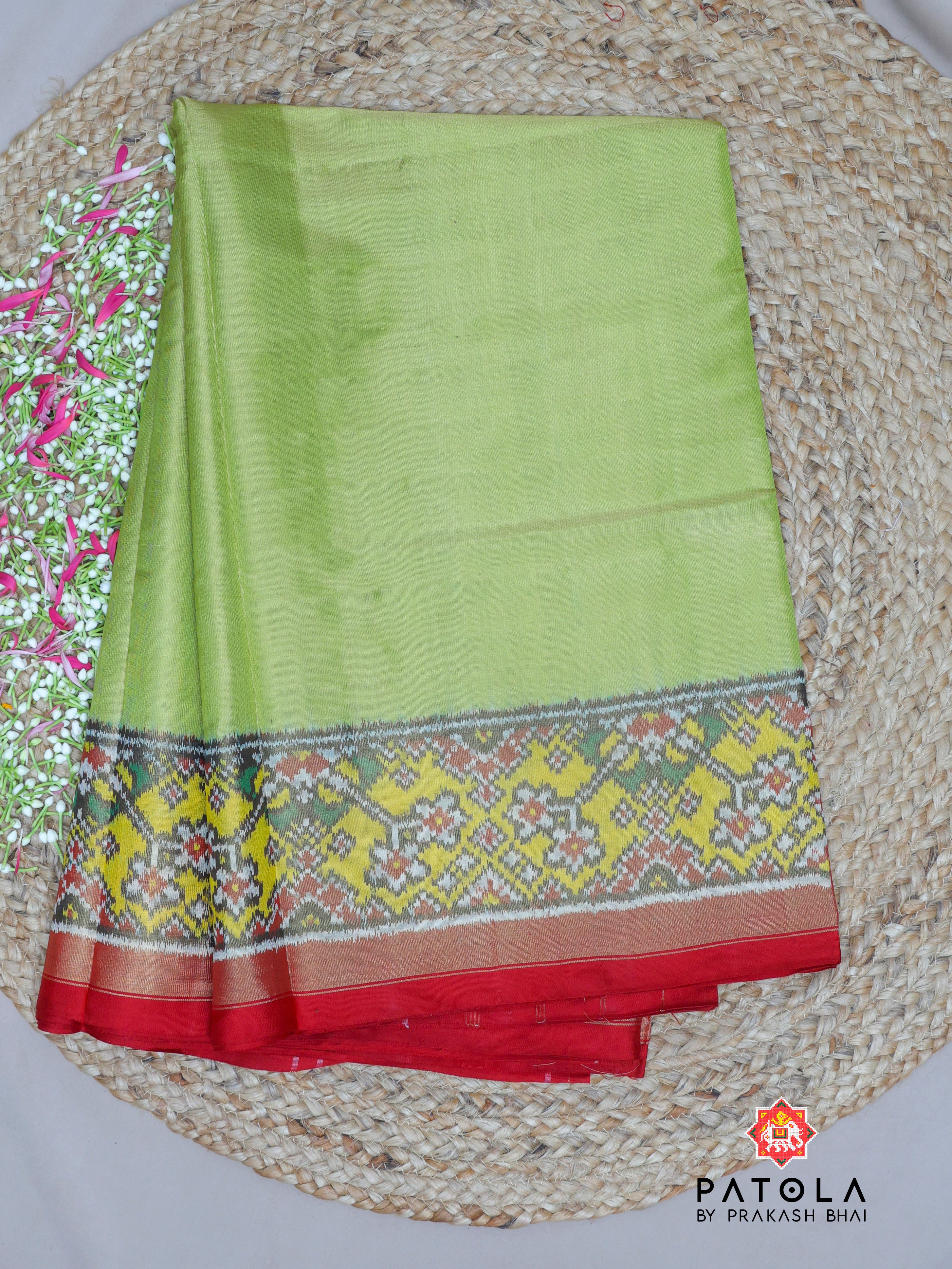 Plain Pista Green With Yellow Navratna Border Tissue Patola Saree